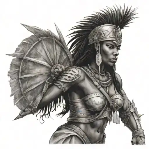Caribbean woman warrior standing tattoo design idea