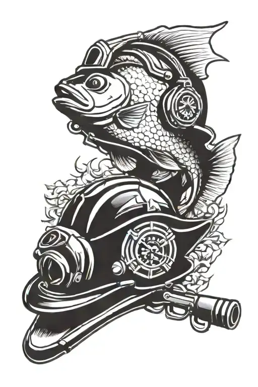 fish, firefighters helmet, gun, paint palette, old school soccer ball tattoo design idea