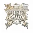 tattoo inscription "politics" with ancient greec stuctures and coloumns on the background tattoo design idea