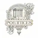 tattoo inscription "politics" with ancient greec stuctures and coloumns on the background tattoo design idea