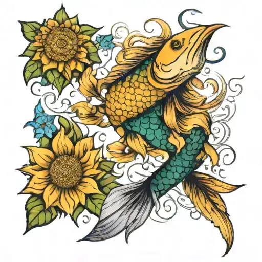 full sleeve with sunflowers, koi fish, mermaid scales mixed in, energy healing witchcraft crystal healing and details  tattoo design idea