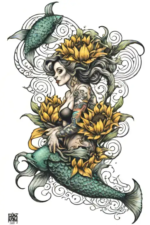 full sleeve with sunflowers, koi fish, mermaid scales mixed in, energy healing witchcraft crystal healing and details  tattoo design idea