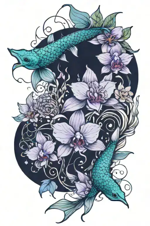 orchids, sunflowers, koi fish, mermaid scales mixed in, energy healing, witchcraft and crystal healing details  tattoo design idea