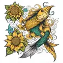 full sleeve with sunflowers, koi fish, mermaid scales mixed in, energy healing witchcraft crystal healing and details  tattoo design idea
