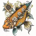 full sleeve with sunflowers, koi fish, mermaid scales mixed in, energy healing witchcraft crystal healing and details  tattoo design idea