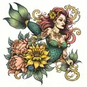 full sleeve with sunflowers, koi fish, mermaid scales mixed in, energy healing witchcraft crystal healing and details  tattoo design idea