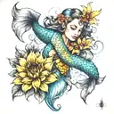full sleeve with sunflowers, koi fish, mermaid scales mixed in, energy healing witchcraft crystal healing and details  tattoo design idea