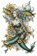 full sleeve with sunflowers, koi fish, mermaid scales mixed in, energy healing witchcraft crystal healing and details  tattoo design idea
