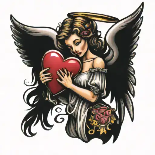 angel holding love heart tattoo design idea
