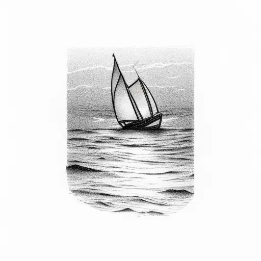 sunrise coming over a clift on the ocean with a sailboat in the water  tattoo design idea