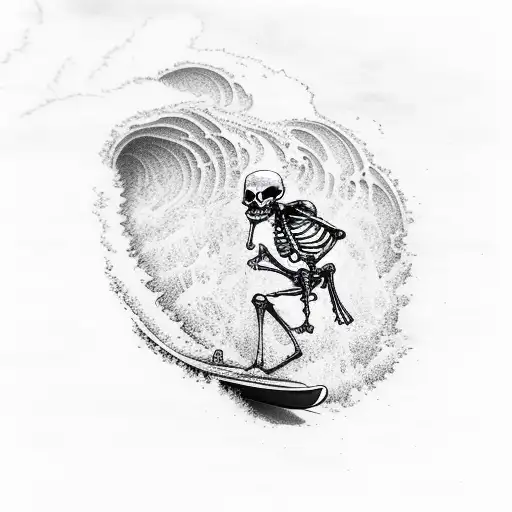 small skeleton surfing on big wave  tattoo design idea