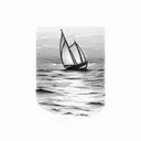 sunrise coming over a clift on the ocean with a sailboat in the water  tattoo design idea