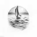 sunrise coming over a clift on the ocean with a sailboat in the water  tattoo design idea