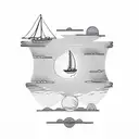 sunrise coming over a clift on the ocean with a sailboat in the water  tattoo design idea