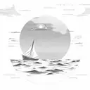 sunrise coming over a clift on the ocean with a sailboat in the water  tattoo design idea