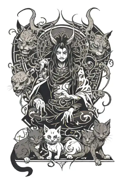 Anime demon and cats composition dark stale japenise demon tattoo design idea