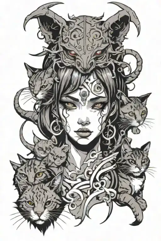 head of anime demon  girl and cats composition dark stale japenise demon tattoo design idea