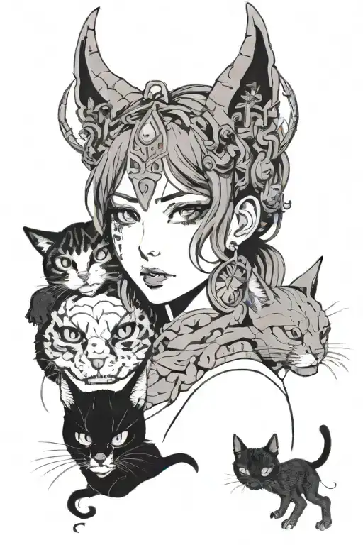 head 3/4 of anime demon  girl and cats composition dark stale japenise demon tattoo design idea