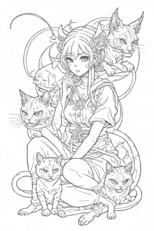 Anime demon girl and cats composition dark stale japenise demon tattoo design idea