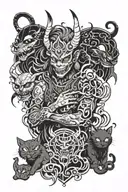 Anime demon and cats composition dark stale japenise demon tattoo design idea
