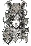 head of anime demon  girl and cats composition dark stale japenise demon tattoo design idea