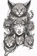 head of anime demon  girl and cats composition dark stale japenise demon tattoo design idea