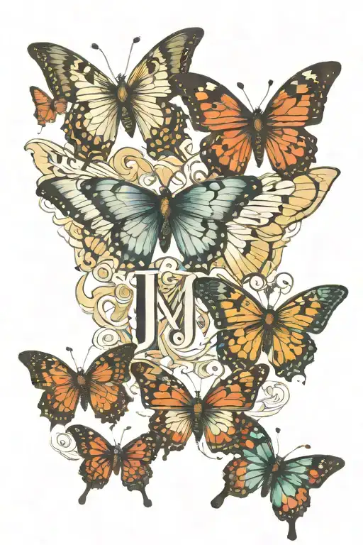 five butterflies, 3 have the letter T in one of their wings, 1 has the letter J, and one has the letter M tattoo design idea