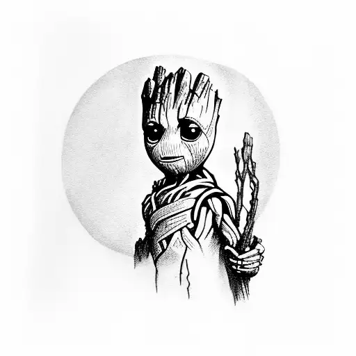 baby groot with harry potter clothes tattoo design idea