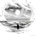 Sea, red moon, lonely man , clouds tattoo design idea