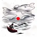Sea, red moon, lonely man , clouds tattoo design idea