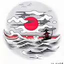 Sea, red moon, lonely man , clouds tattoo design idea