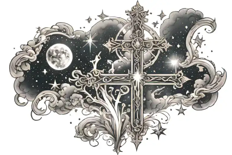 A celestial scene with stars and a cross symbolizing faith and spirituality tattoo design idea