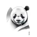 A realistic depiction of a panda driving a luxurious car through a scenic travel destination tattoo design idea