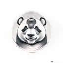 A realistic depiction of a panda driving a luxurious car through a scenic travel destination tattoo design idea