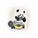 A realistic depiction of a panda driving a luxurious car through a scenic travel destination tattoo design idea