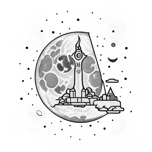 The moon is full and shines An evil blinding light Under a monolith, her likeness Marble white tattoo design idea