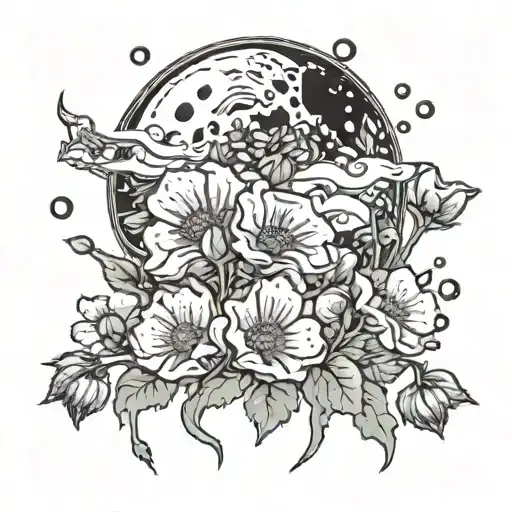 A whimsical scene of a waxing gibbous moon surrounded by blooming poppies tattoo design idea