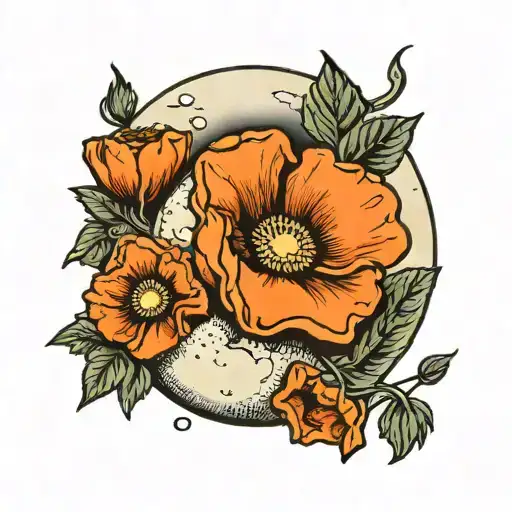 A traditional tattoo design featuring a detailed waxing gibbous moon with poppies in the background tattoo design idea