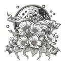 A whimsical scene of a waxing gibbous moon surrounded by blooming poppies tattoo design idea