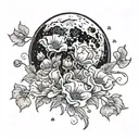 A whimsical scene of a waxing gibbous moon surrounded by blooming poppies tattoo design idea