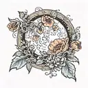 A whimsical scene of a waxing gibbous moon surrounded by blooming poppies tattoo design idea