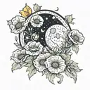 A whimsical scene of a waxing gibbous moon surrounded by blooming poppies tattoo design idea