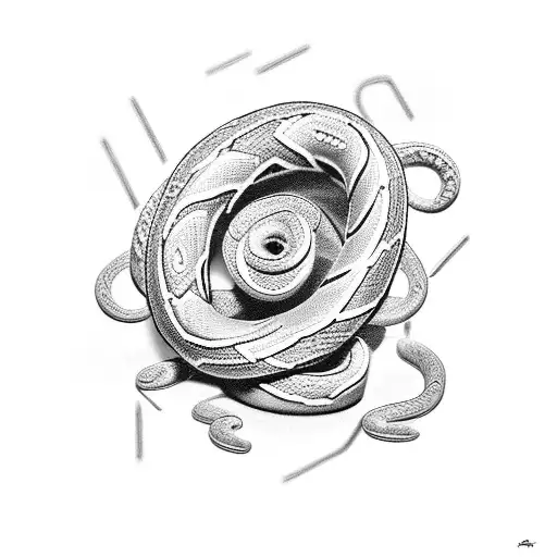 A black-grey tattoo of a snake coiled around a lego brick, with a flower blooming from it tattoo design idea