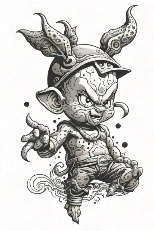 An intricate tattoo of Kid Buu with artistic elements inspired by gangster culture in a dotwork style tattoo design idea