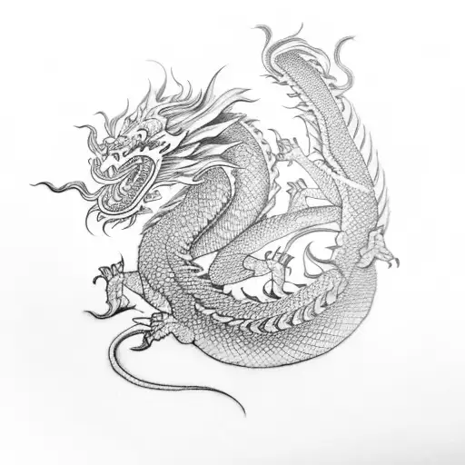 a chinese stye dragon that flies around a katana tattoo design idea