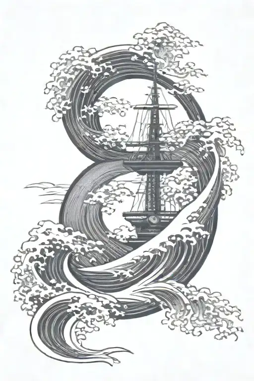 A traditional Japanese wave tattoo with navy-inspired motifs like anchors and compasses, in a blackwork style tattoo design idea