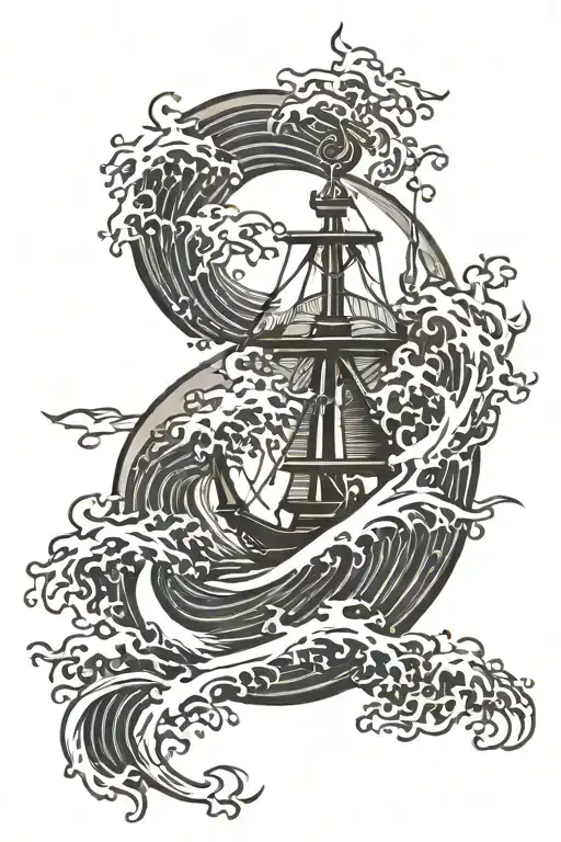 A traditional Japanese wave tattoo with navy-inspired motifs like anchors and compasses, in a blackwork style tattoo design idea