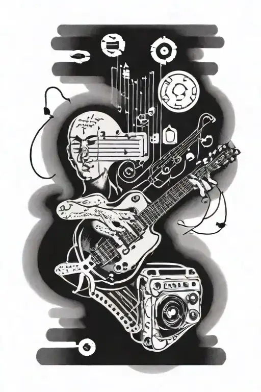 A dynamic music-themed sleeve featuring iconic album covers and musical notes, blended with black-grey shading tattoo design idea