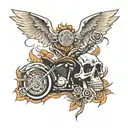 harley davidson motorcycle, roses, flames and skulls  tattoo design idea