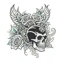 harley davidson motorcycle, roses, flames and skulls  tattoo design idea
